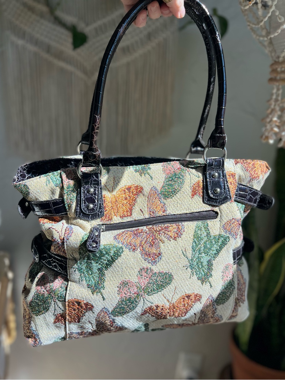 Braciano Butterfly Tapestry Handbag Black Faux Croc Y2K Cottagecore NEW